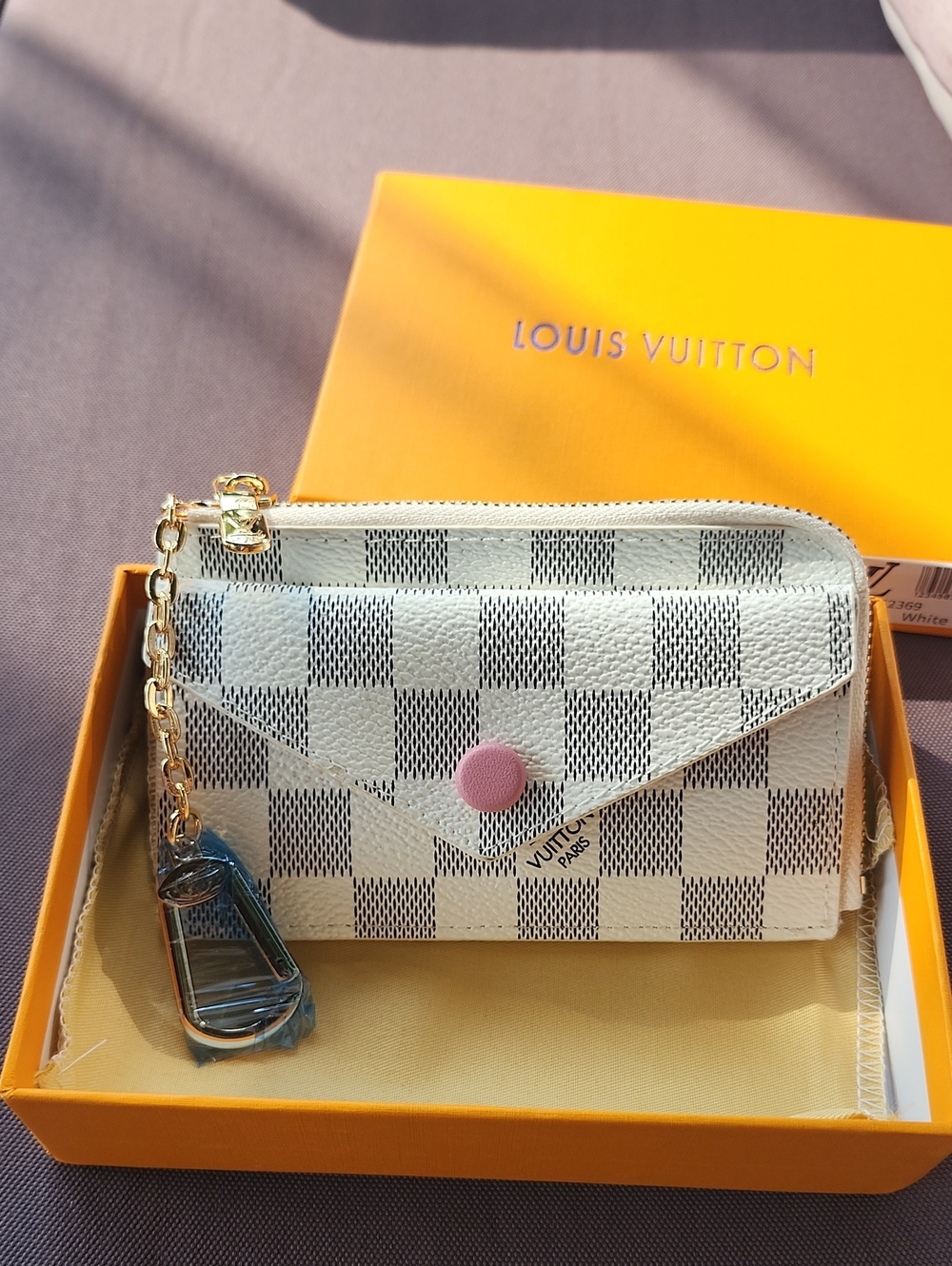 Designer White Checkered Wallet with Pink Snap and Gold Chain
